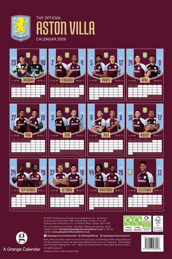 Aston Villa FC A3 Calendar 2026